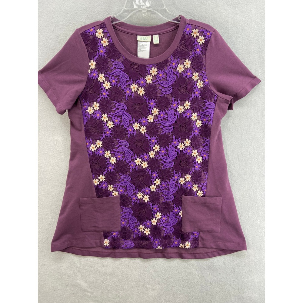 LOGO Lounge Lori Goldstein Shirt‎ Sz M Plum Purple Floral Lace Overlay Pocket